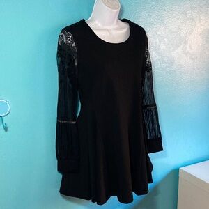 The Boutique Womens Size S  Black Mini Dress with Sheer Lace Sleeve